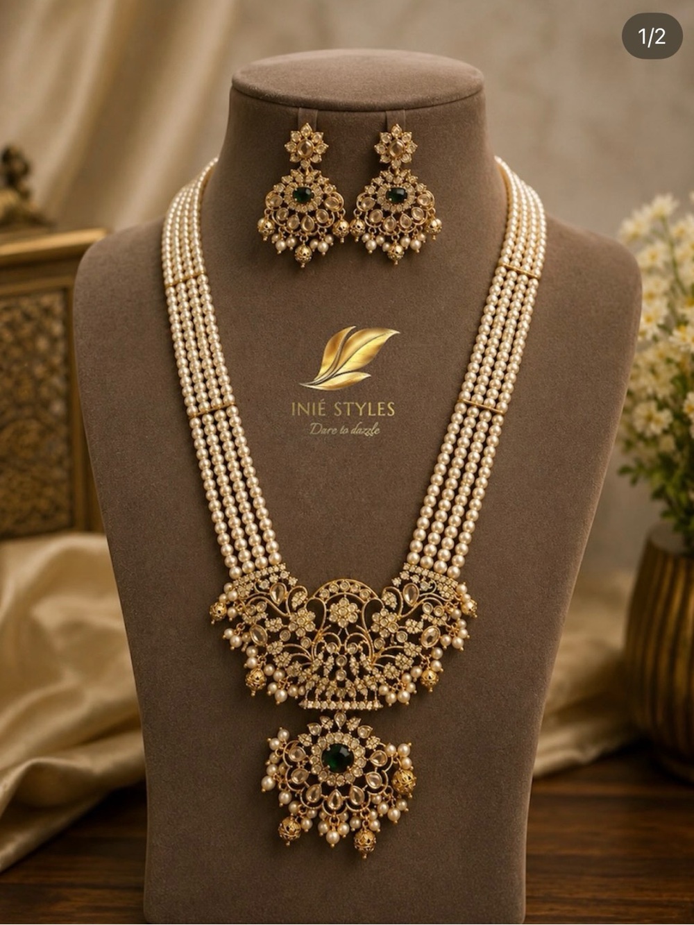 Gold Pearl Layered Necklace Set with Green Accent